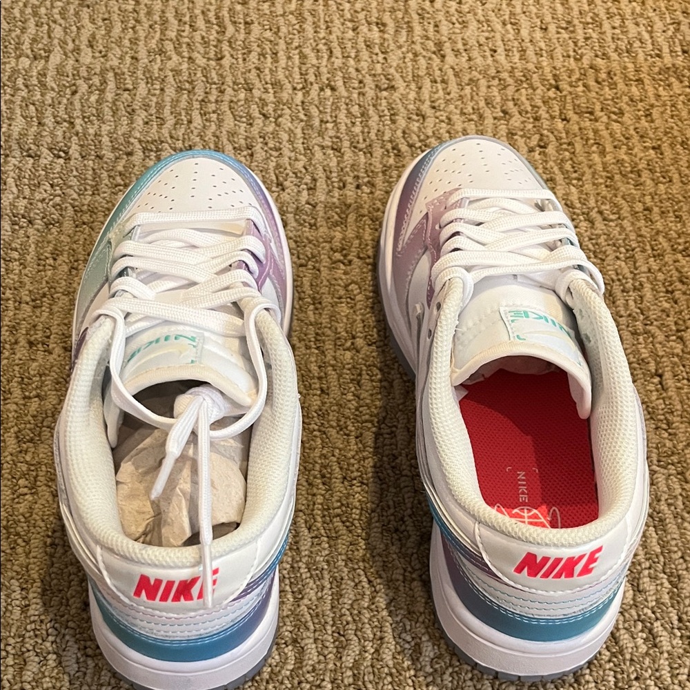 Nike Dunk Low White Sneakers with Teal and Purple Accents - Picture 3 of 6